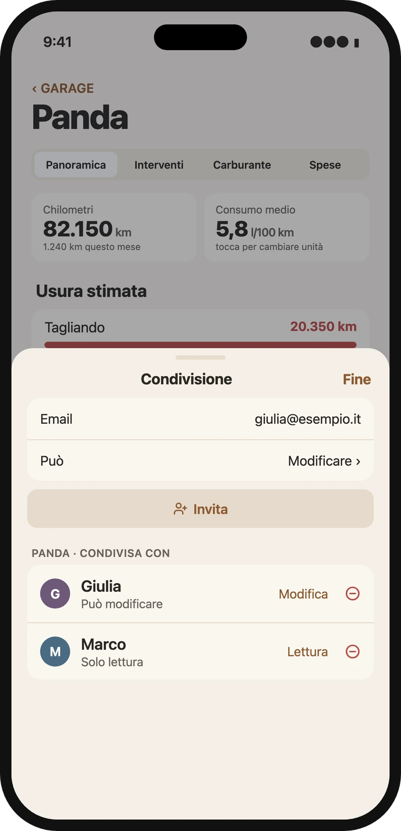 Pannello di condivisione del veicolo con Giulia e Marco