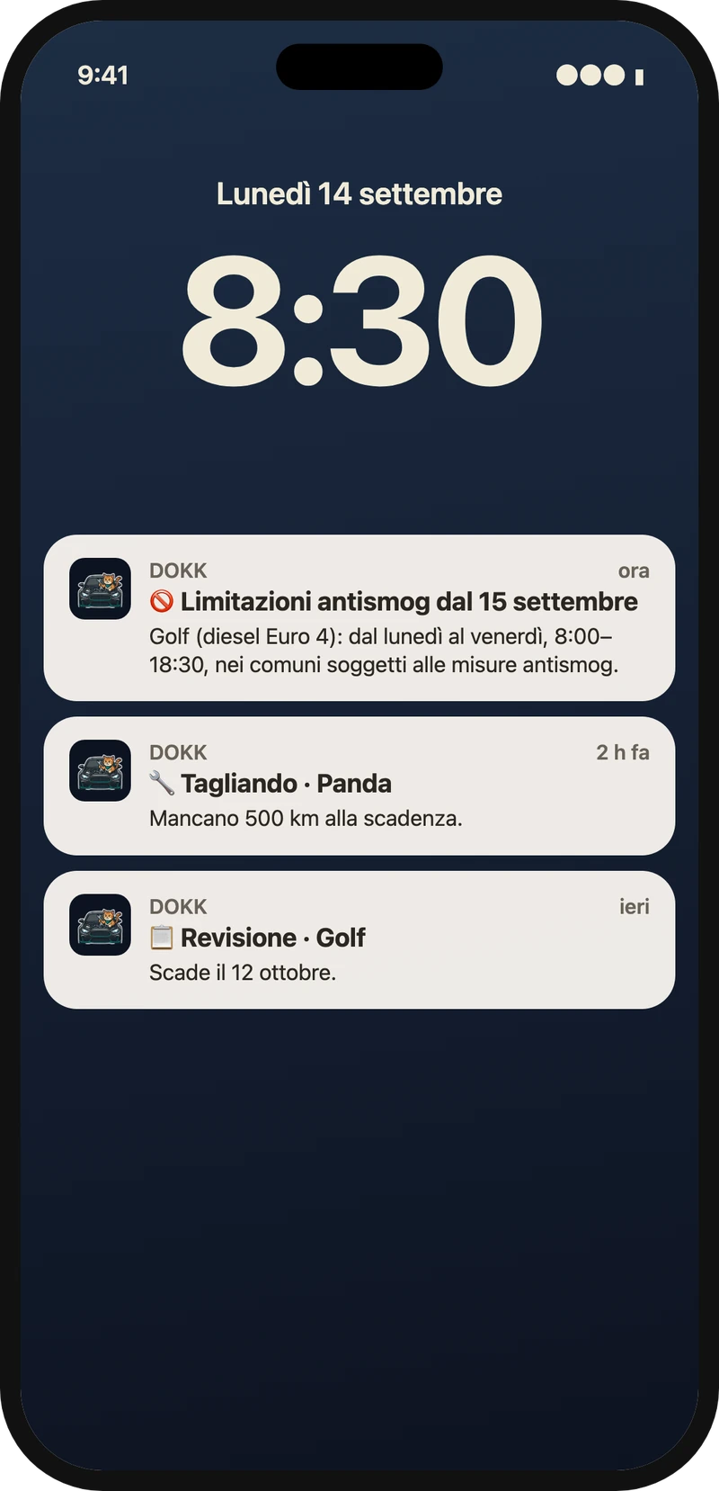 Schermata di blocco con tre notifiche di Dokk: antismog, tagliando e revisione