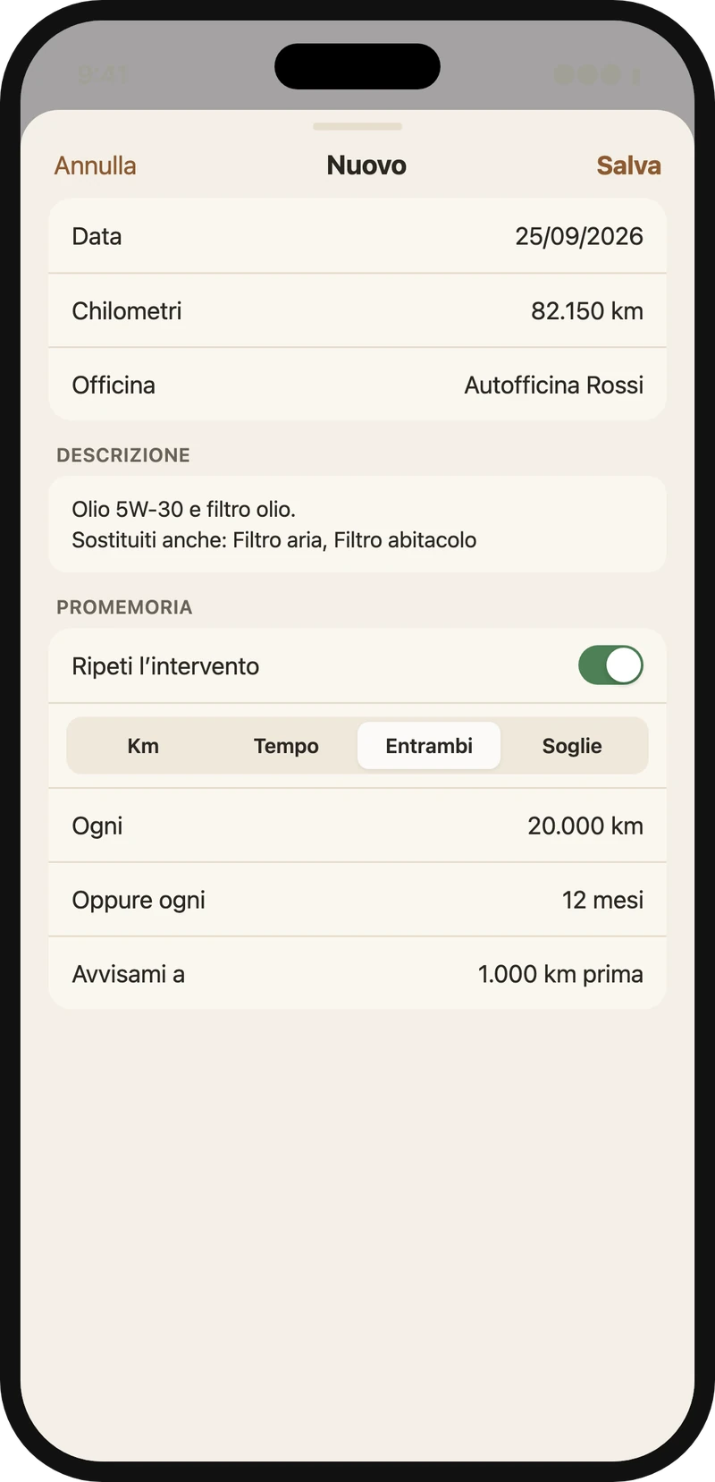 Nuovo intervento con promemoria a km e a tempo