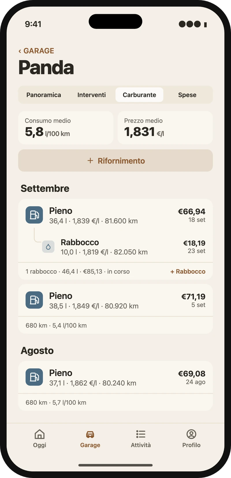 Lista rifornimenti con pieni, rabbocchi e consumo medio