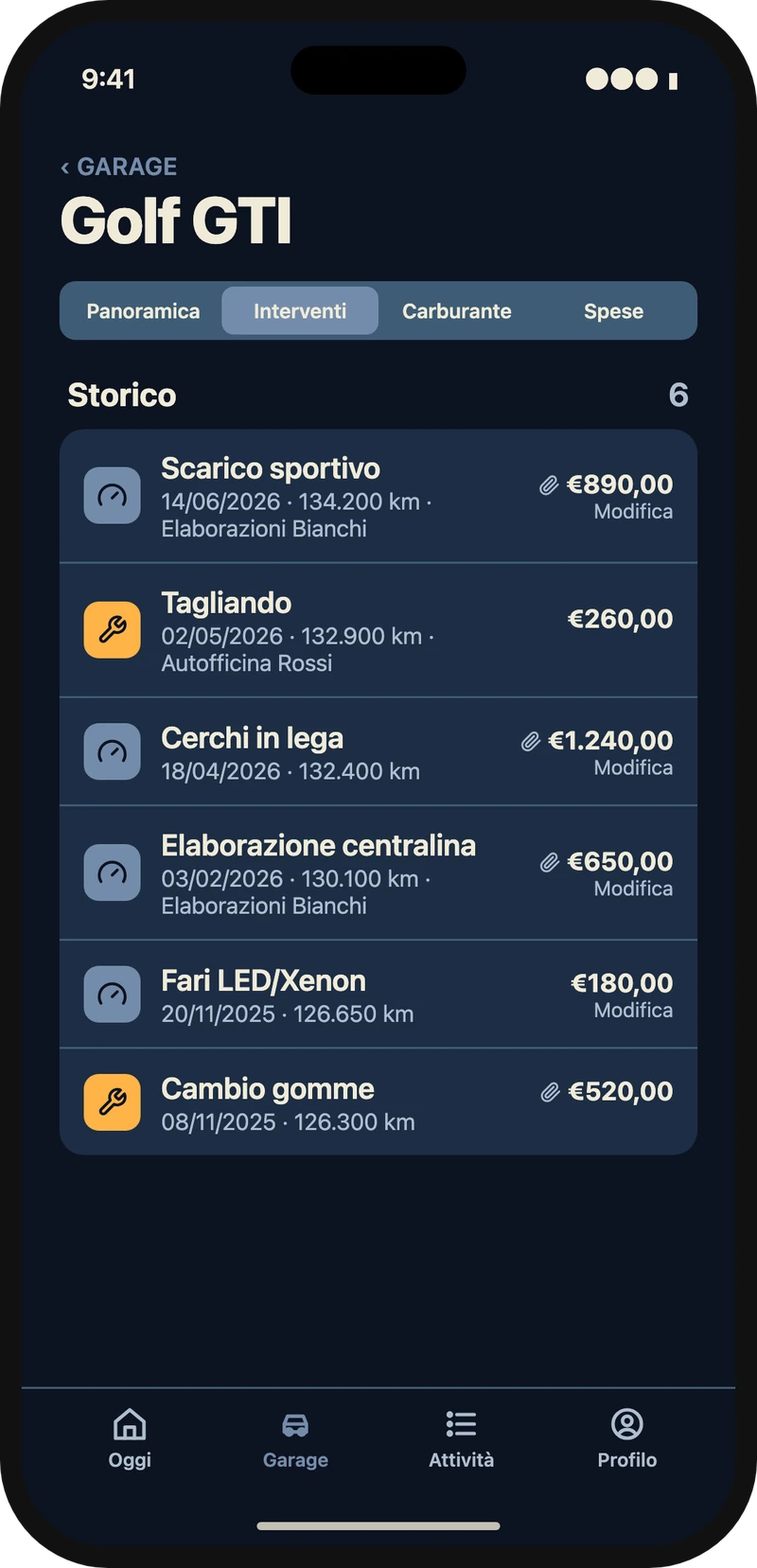 Storico interventi e modifiche di una Golf GTI